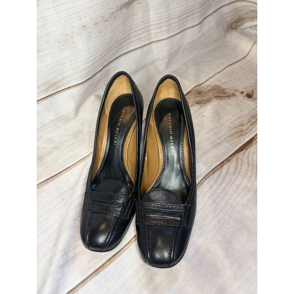 Antonio Melani Black Leather‎ Heels 6M Loafer Style Square Toe Career